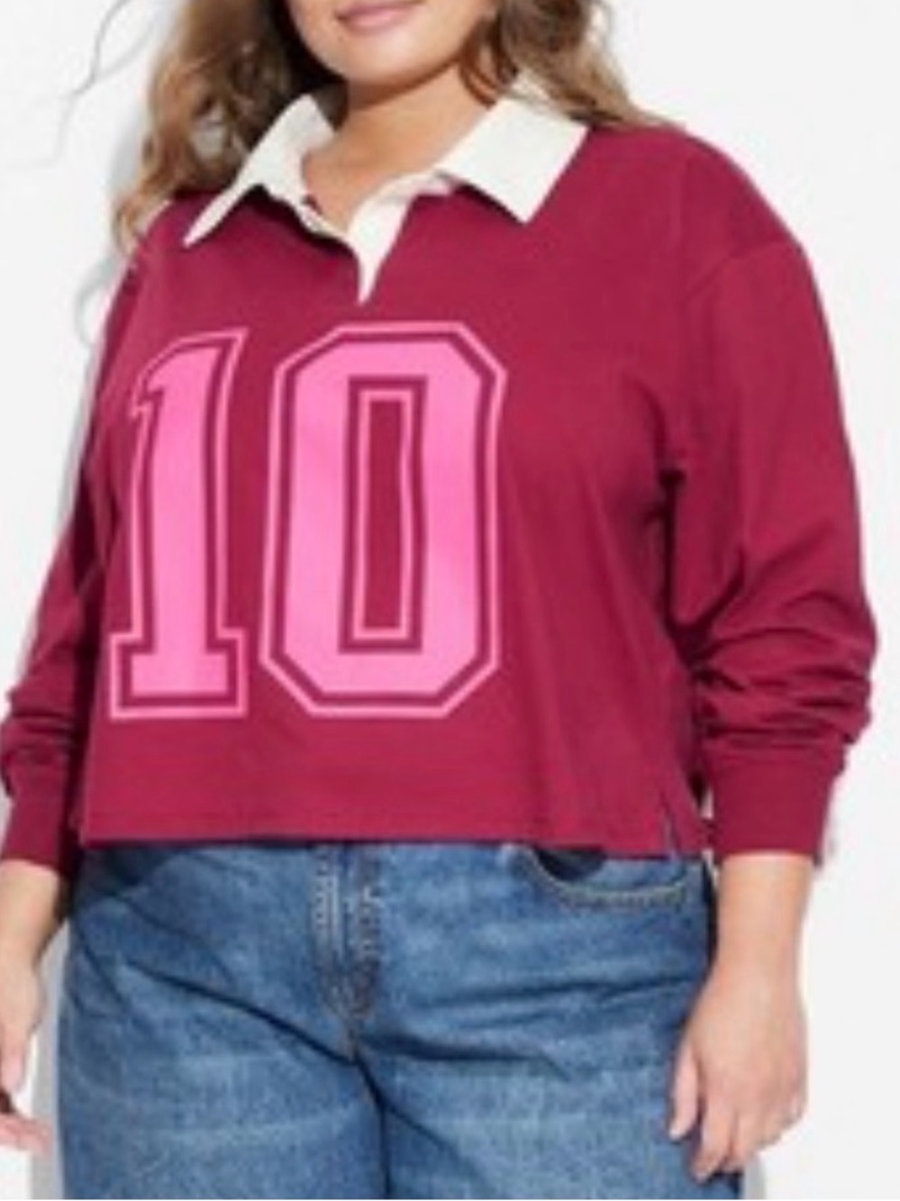 Plus-Size Burgundy Rugby Crop Sweatshirt with Pink '10' Graphic